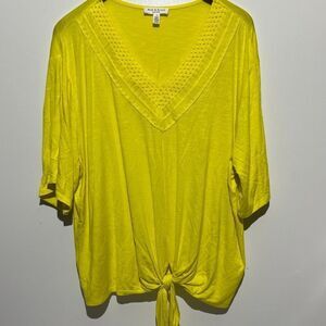 Rio & Rian Women's Yellow Crochet V-Neck Dolman Sleeve Tie Waist Blouse Sz 1X